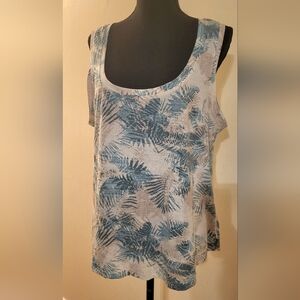 Eddie Bauer Teal & Beige Leaf Print Tank Top (Size XL)